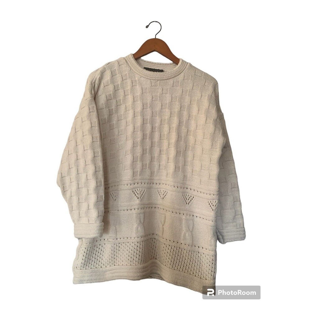 Tivoli Handknit Sweater Cable Knit Womens L Ivory 100% Cotton made in Ireland